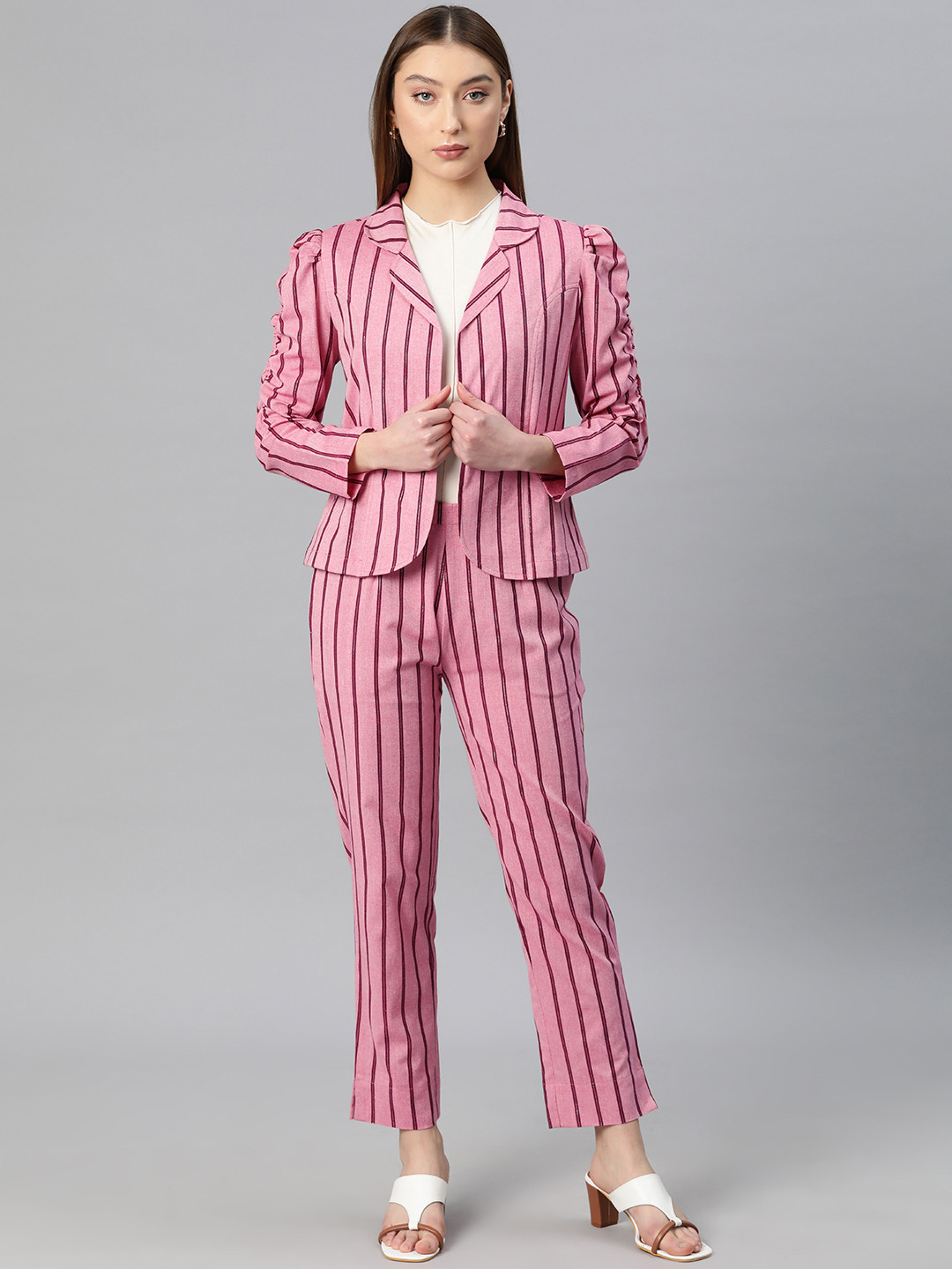 

Cottinfab Women Striped Notched Lapel Two-Piece Suit, Pink