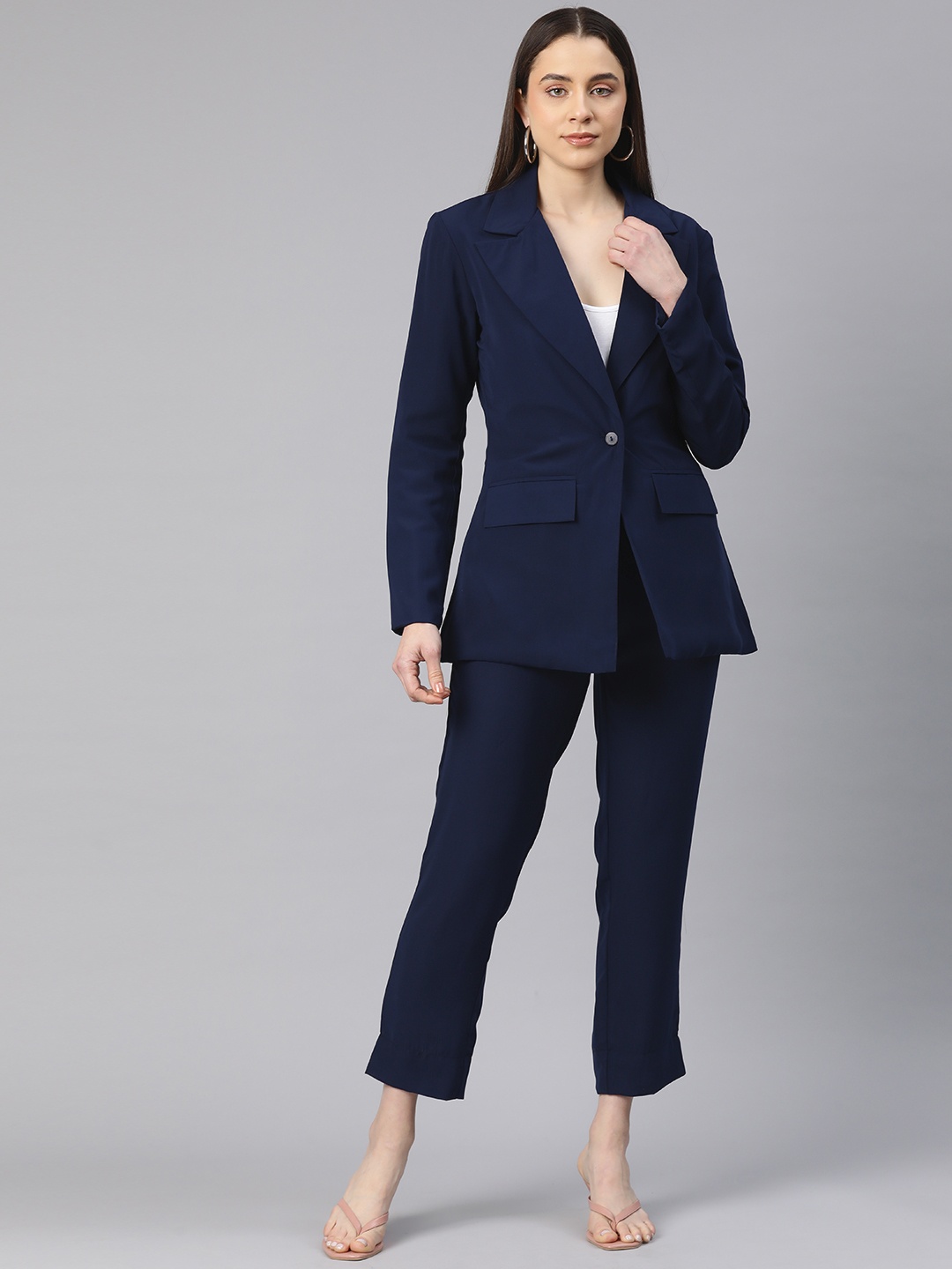 

Cottinfab Women Solid Single-Breasted Two-Piece Suit, Navy blue