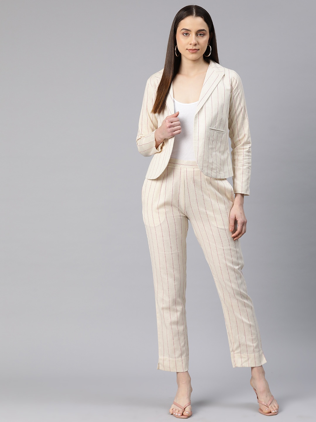 

Cottinfab Women Striped Notched Lapel Two-Piece Suit, Off white