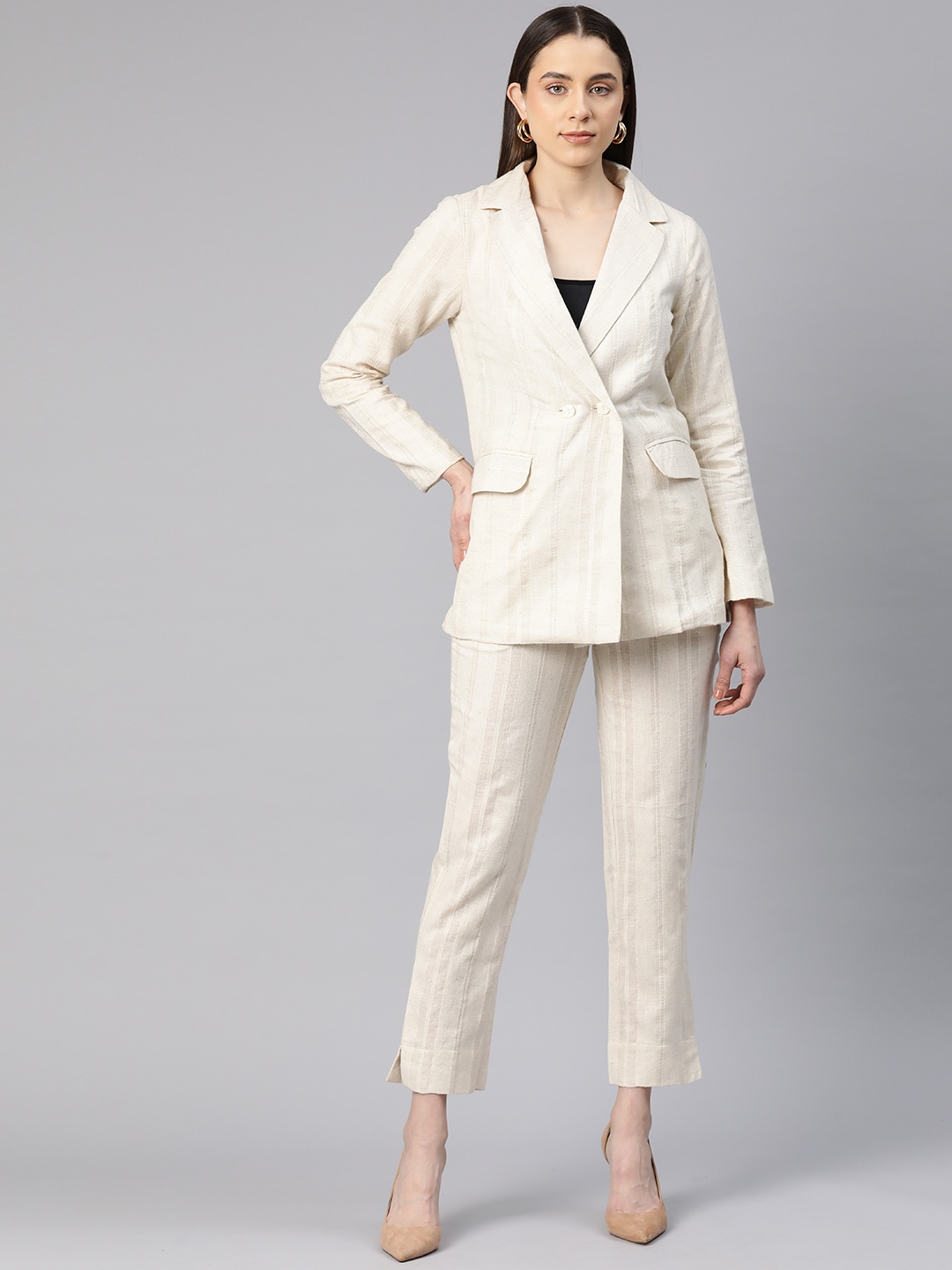 

Cottinfab Women Striped Double-Breasted Two-Piece Suit, Off white