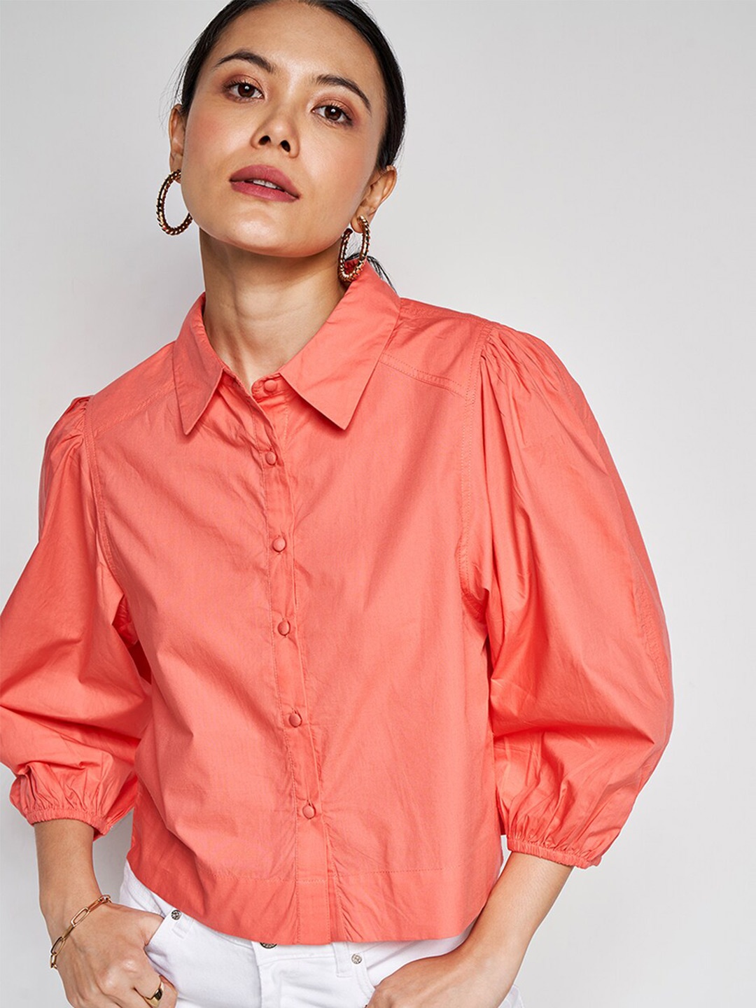 

AND Shirt Collar Puff Sleeve Cotton Shirt Style Top, Coral