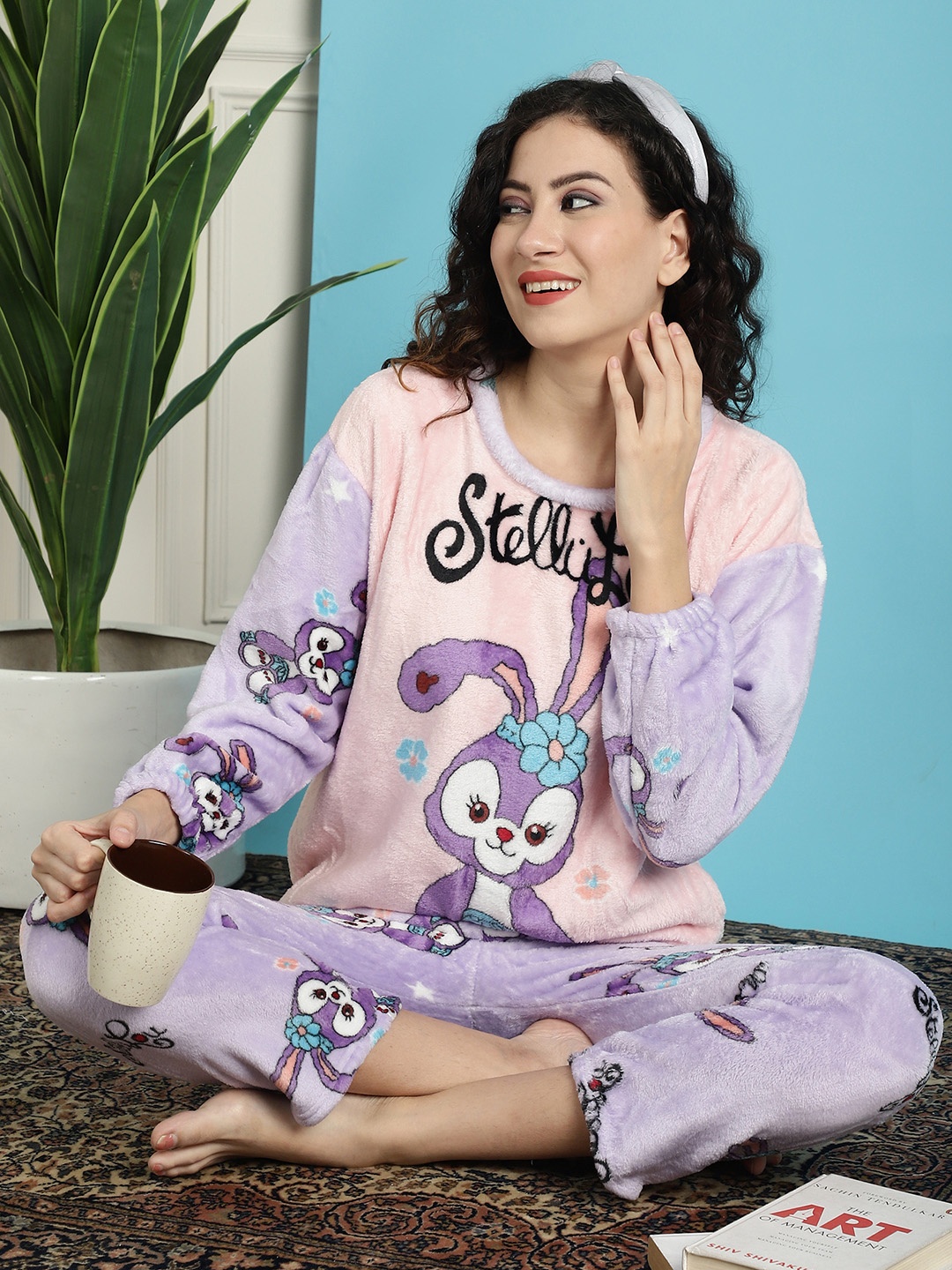 

TAG 7 Bunny Printed Long Sleeves Fur Night Suit, Pink