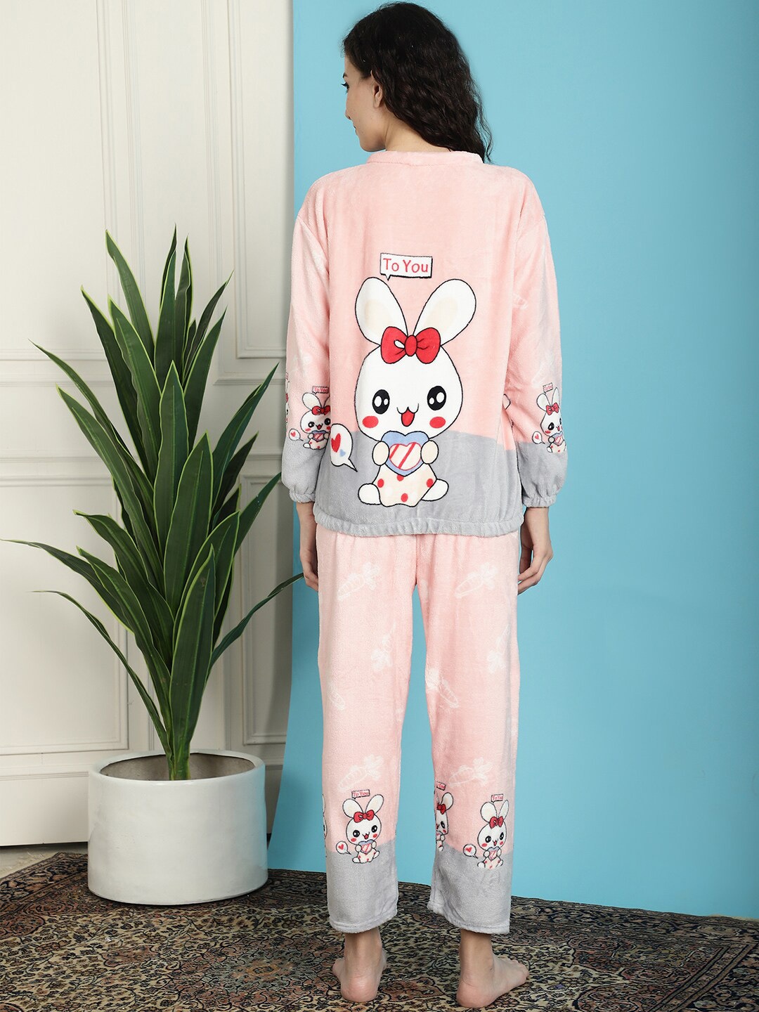 

TAG 7 Cartoon Printed Long Sleeves Wool Night Suit, Pink
