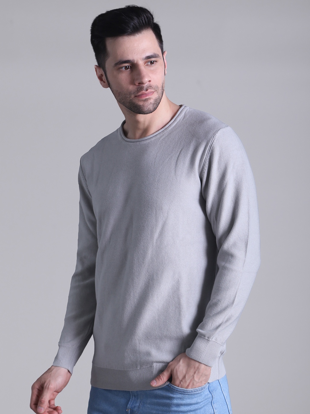 

SQUIREHOOD Round Neck Cotton Slim Fit Pullover, Grey
