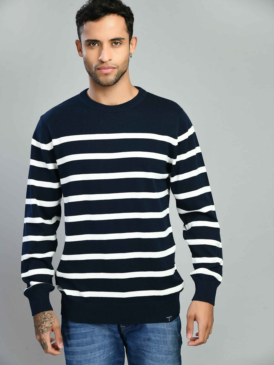 

SQUIREHOOD Striped Round Neck Cotton Slim Fit Pullover, Navy blue