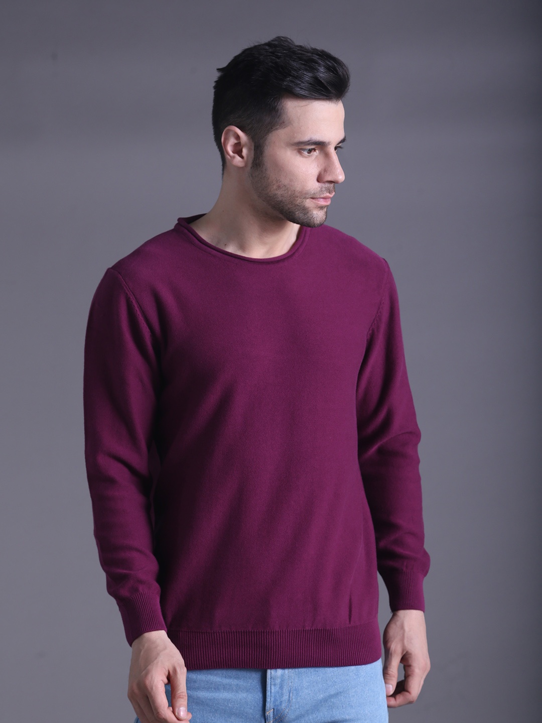 

SQUIREHOOD Round Neck Cotton Slim Fit Pullover, Purple