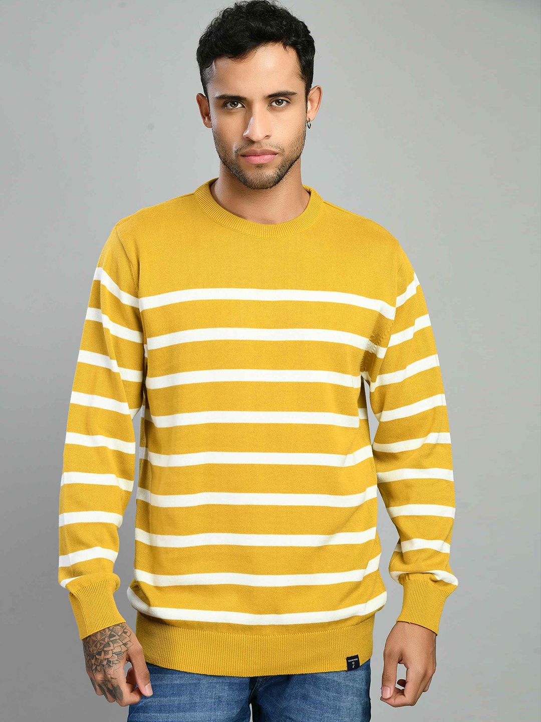 

SQUIREHOOD Striped Round Neck Cotton Slim Fit Pullover, Yellow
