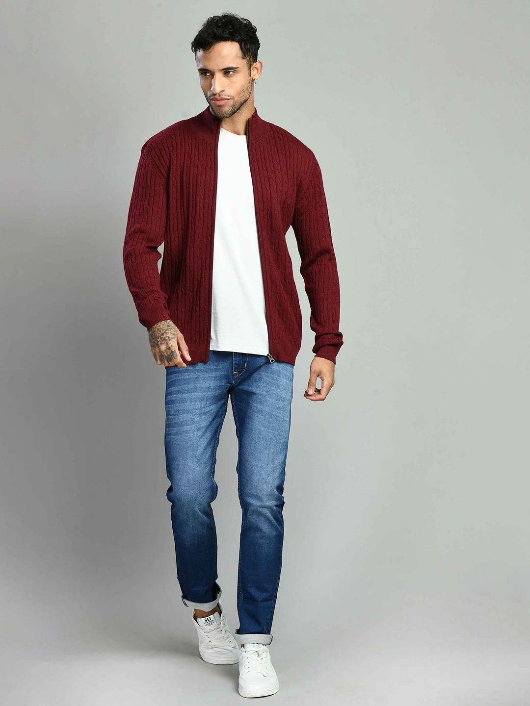 

SQUIREHOOD Cable Knit Self Design Mock Collar Cotton Slim Fit Cardigan, Maroon