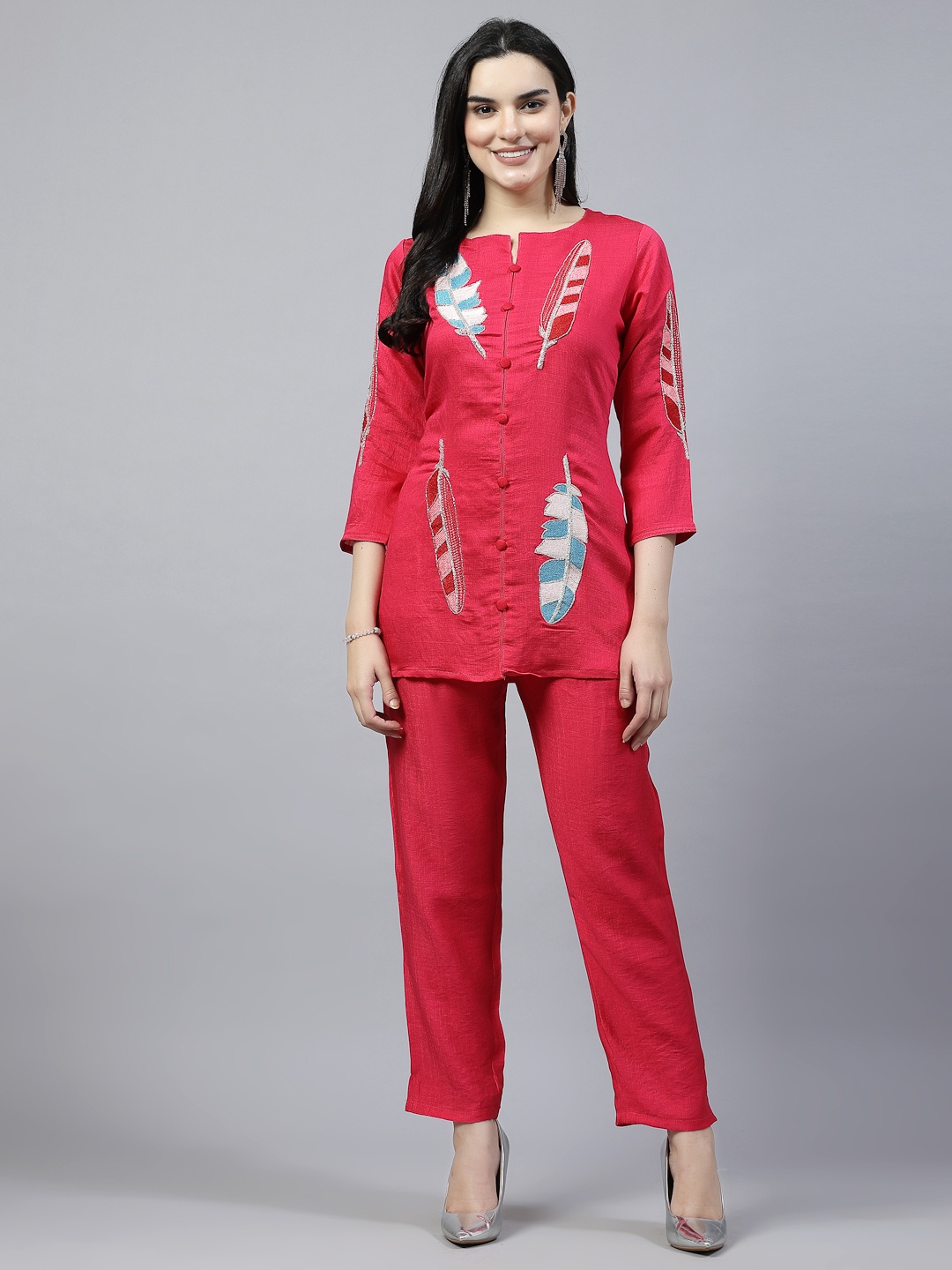 

18 ATTITUDE Embroidered Pure Cotton Tunic With Trousers, Magenta