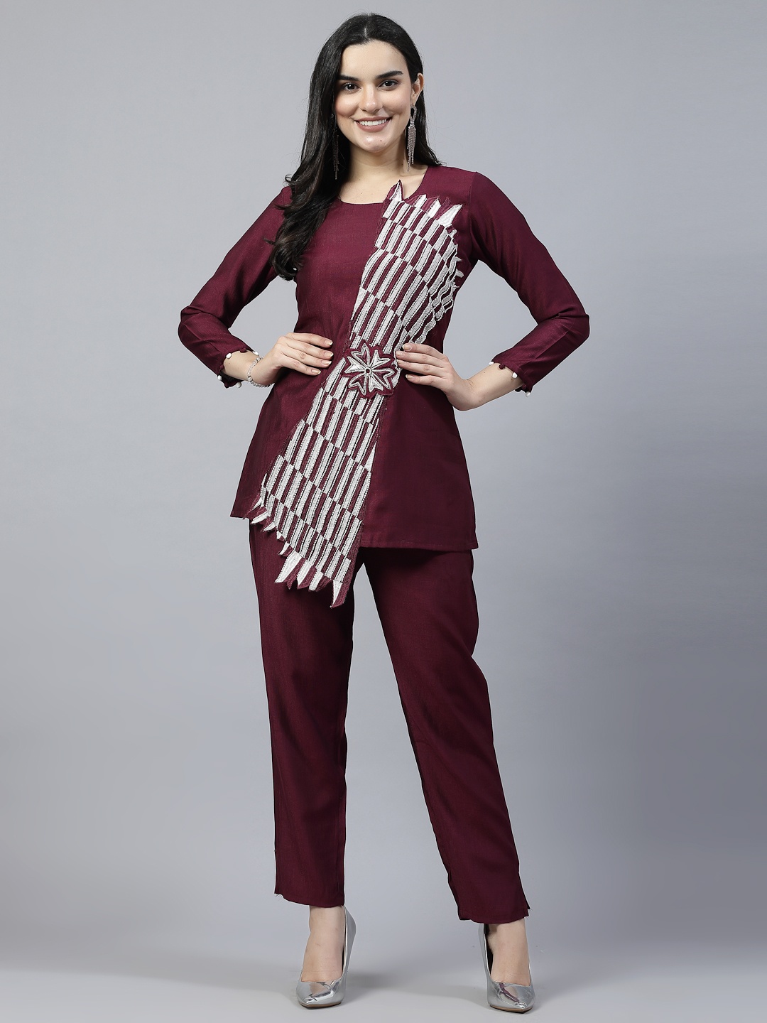 

18 ATTITUDE Embroidered Pure Cotton Tunic With Flared Trouser, Burgundy