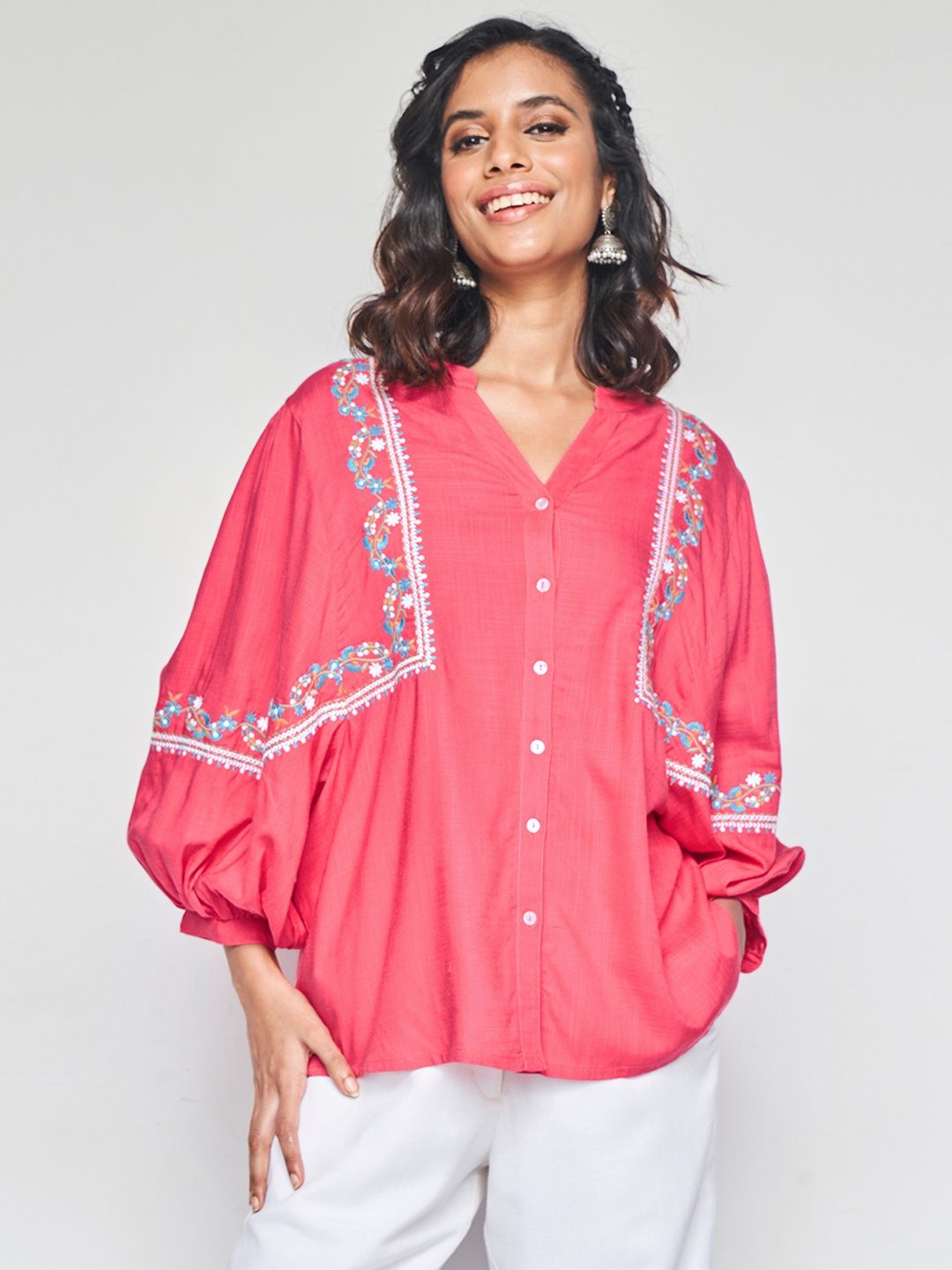 

Global Desi Floral Embroidered Mandarin Collar Shirt Style Top, Coral
