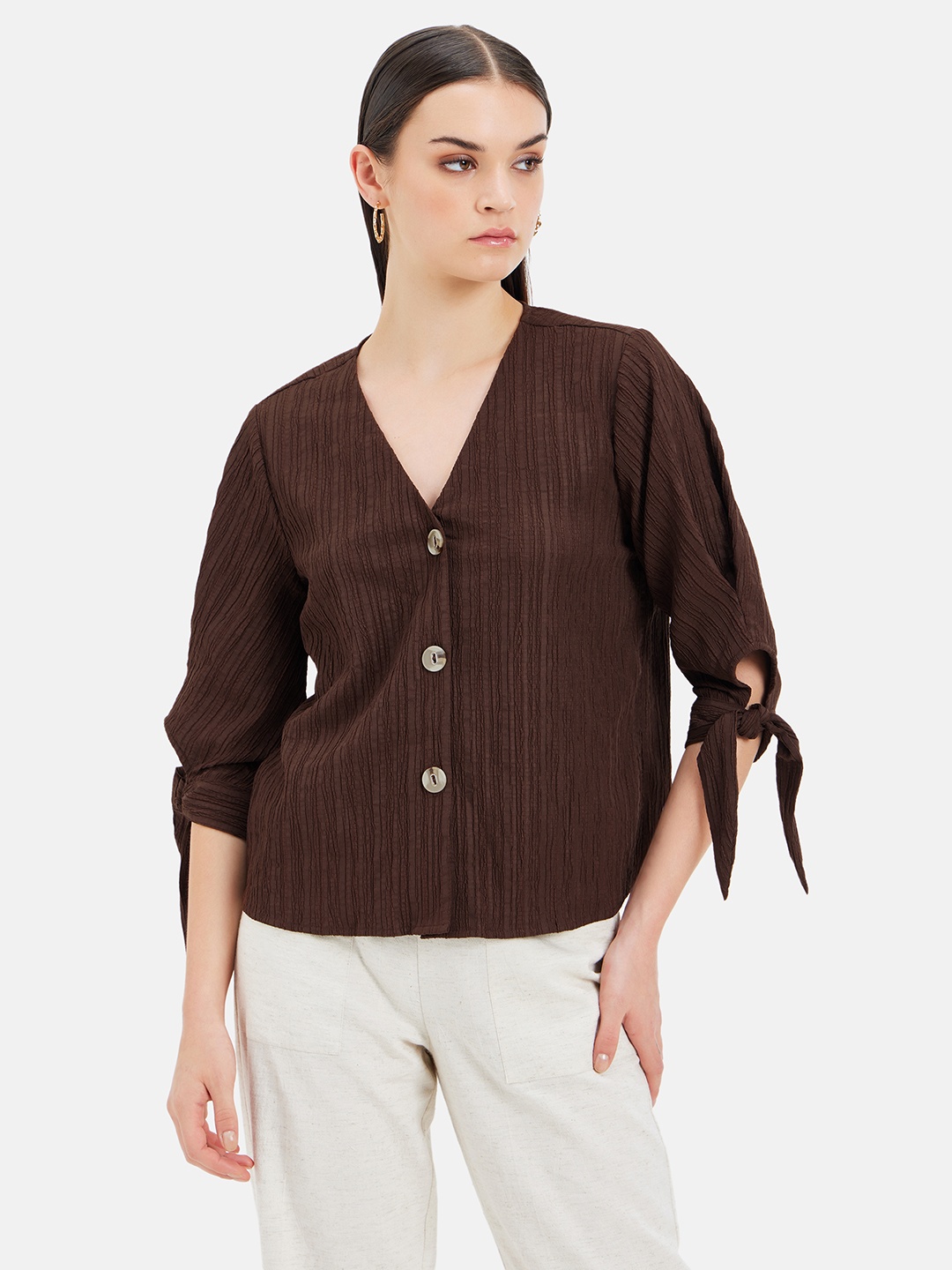 

Kazo Vertical Striped Cuffed Sleeves Cotton Tie Up Top, Brown