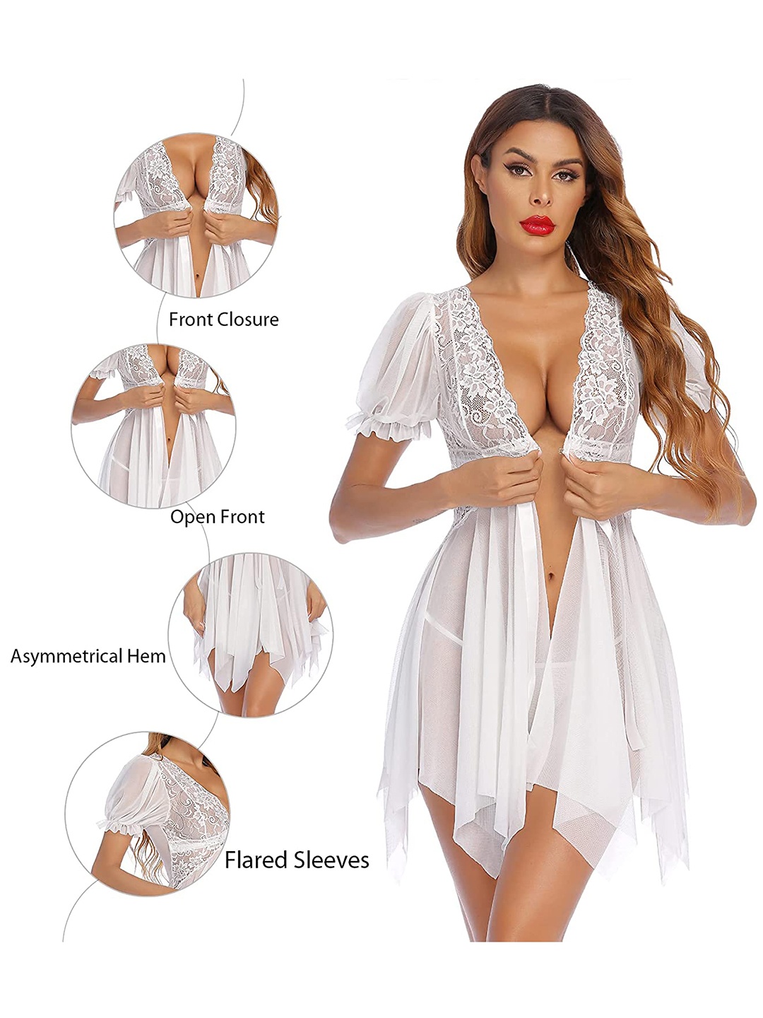 

CareDone Floral Lace V-Neck Baby Doll With Brief, White