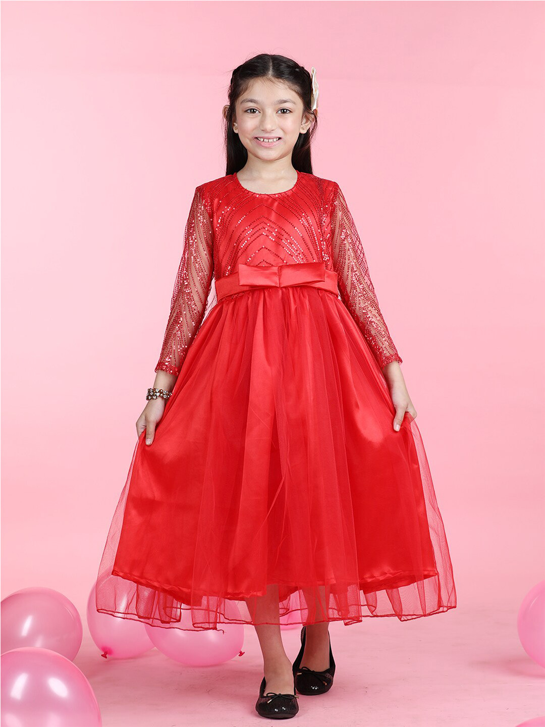

Cutiekins E Round Neck Long Sleeves Net Sequined Maxi Dress, Red