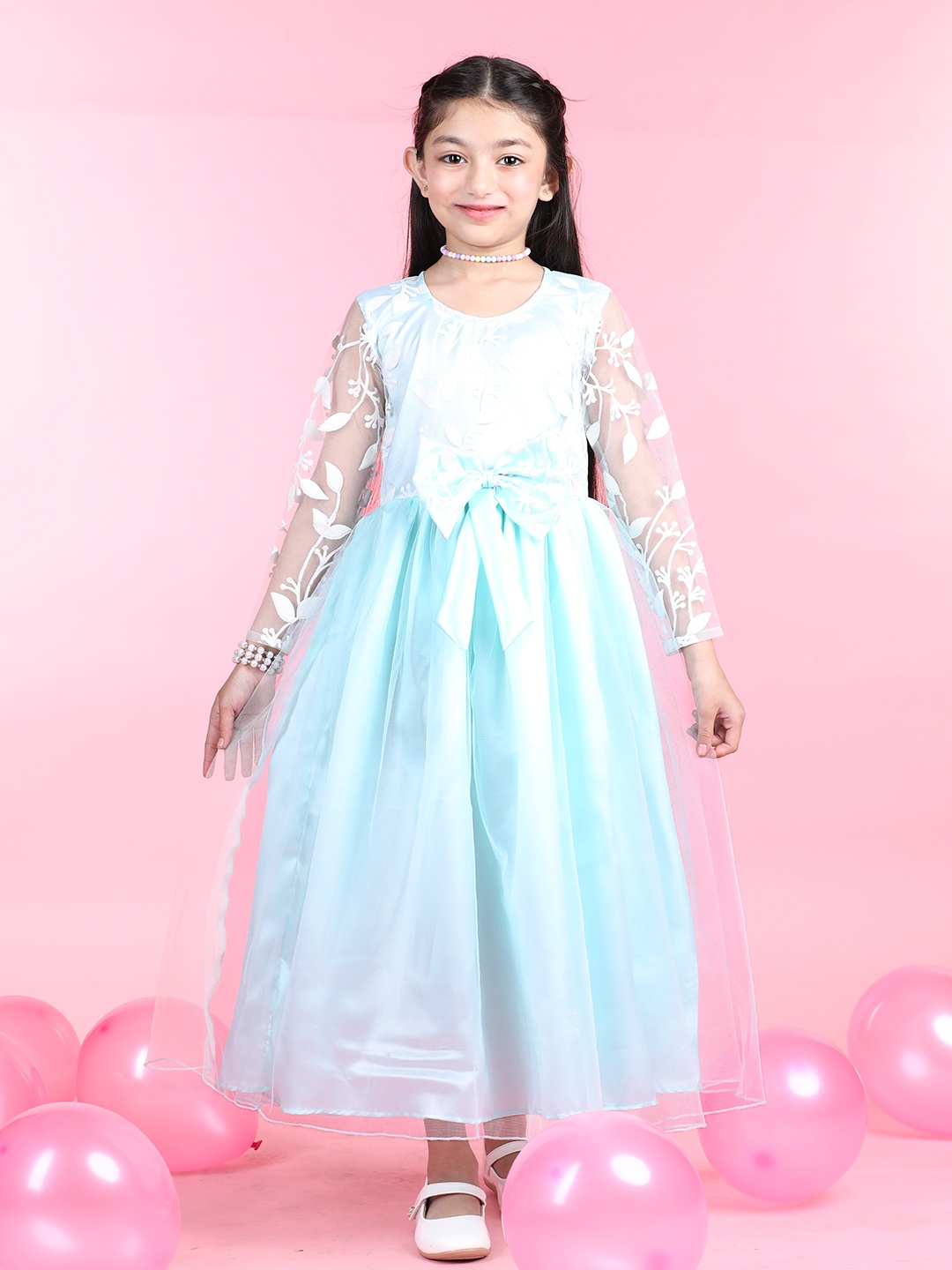 

Cutiekins Girls Round Neck Embroidered Flared Net Maxi Dress, Sea green
