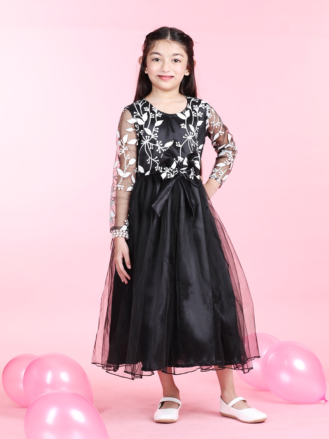 

Cutiekins Girls Round Neck Embroidered Flared Floral Net Fit & Flare Midi Dress, Black