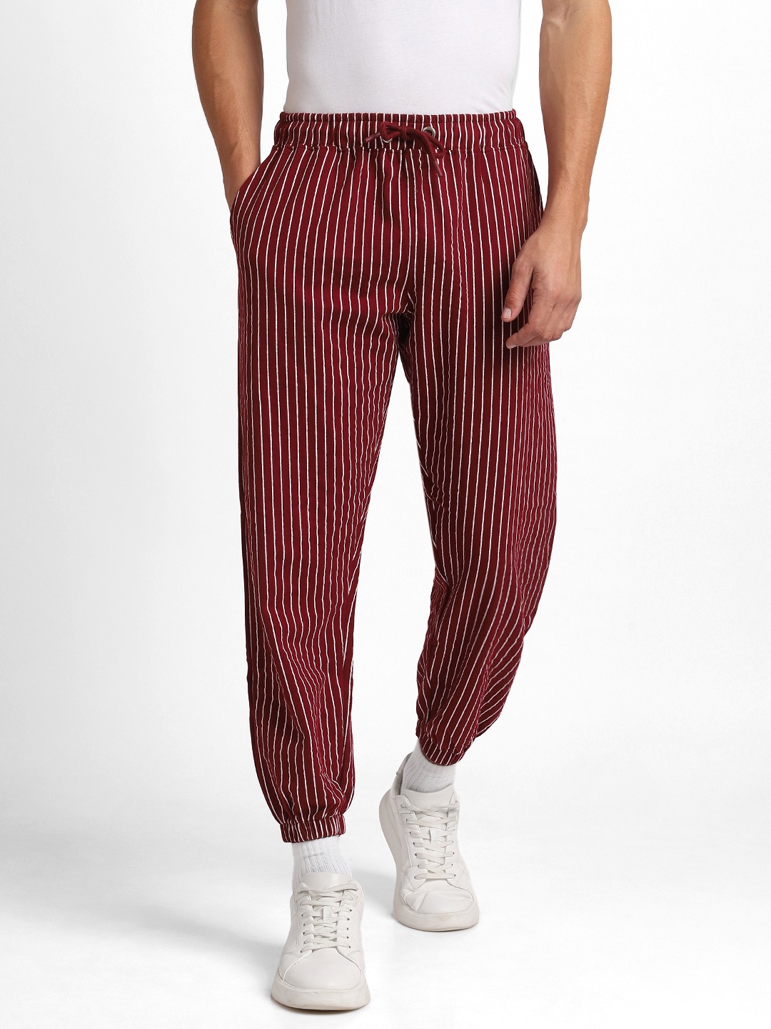 

NOBERO Men Striped Mid-Rise Pure Cotton Joggers, Maroon