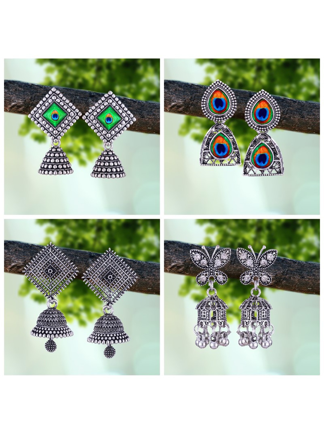 

MEENAZ Pack of 4 Oxidised Silver Plated Silver Jhumkas