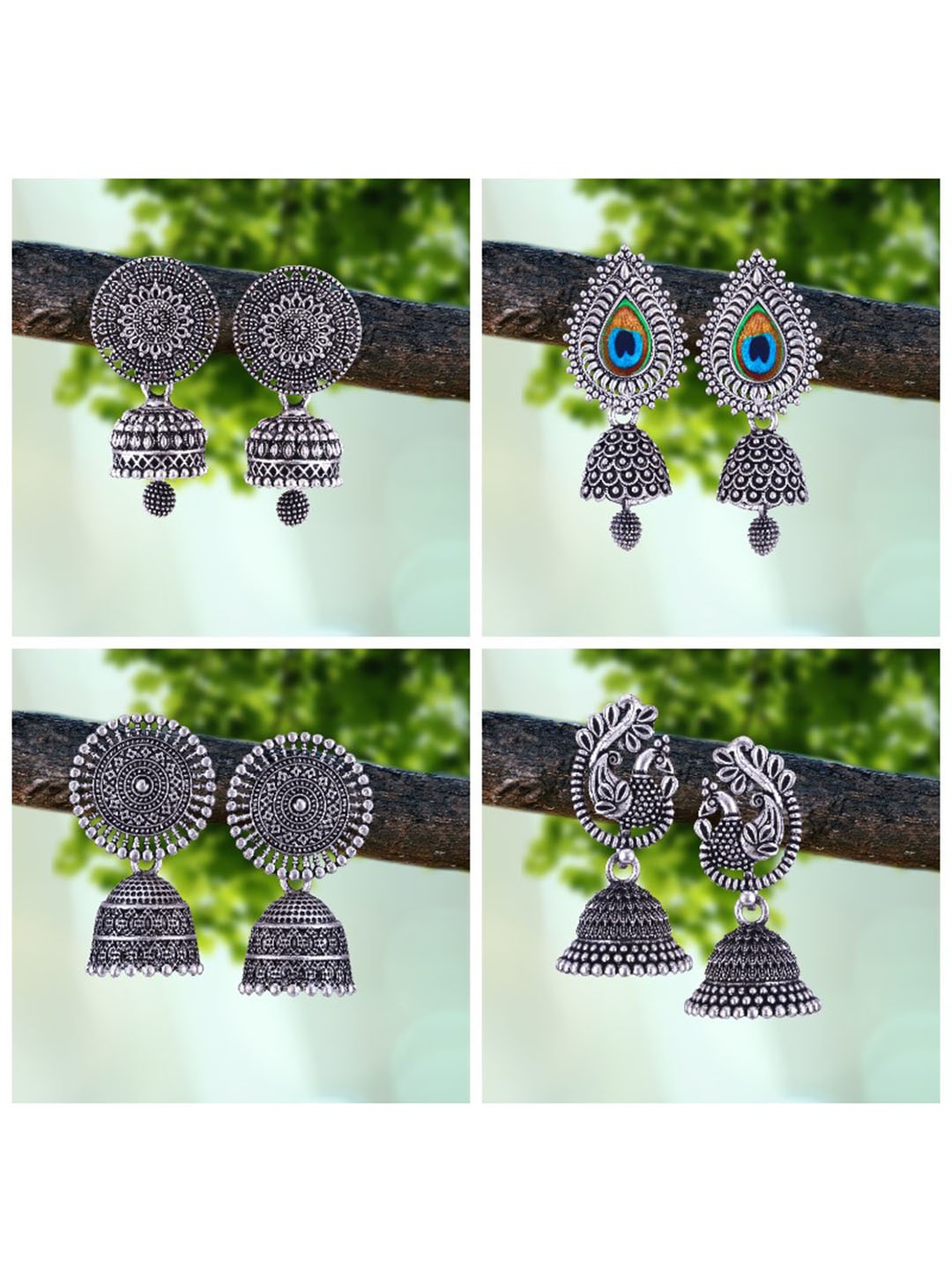 

MEENAZ Set Of 4 Silver-Plated Beaded Classic Oxidised Jhumkas
