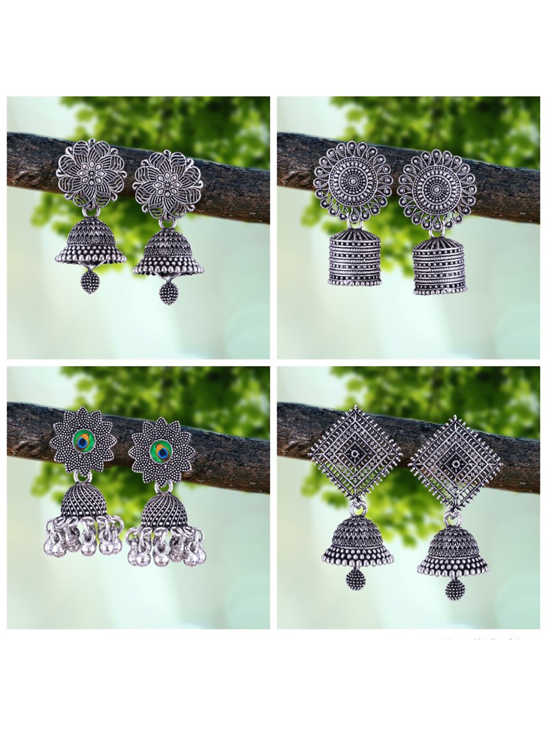 

MEENAZ Pack Of 4 Silver-Plated Oxidised Peacock Shaped Jhumkas