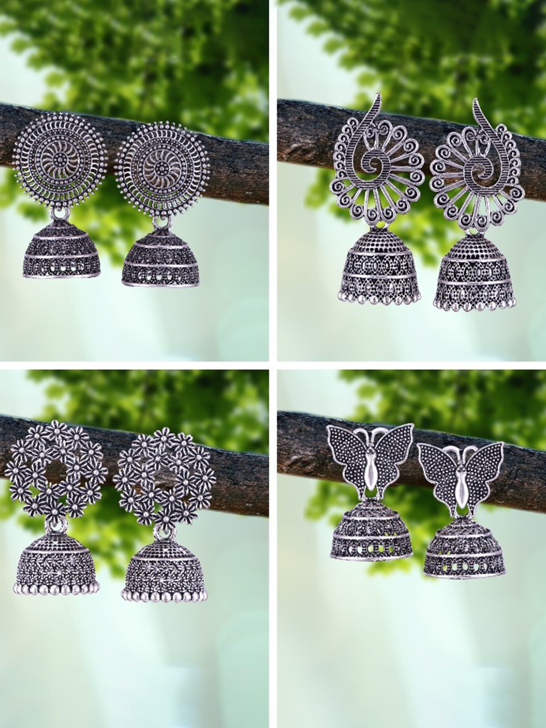 

MEENAZ Pack Of 4 Silver-Plated Oxidised Peacock Shaped Jhumkas