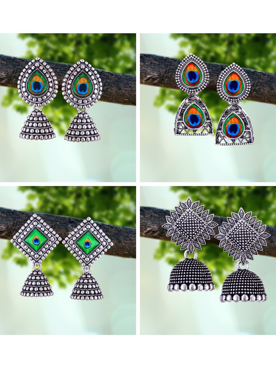 

MEENAZ Set Of 4 Silver-Plated Beaded Classic Oxidised Jhumkas