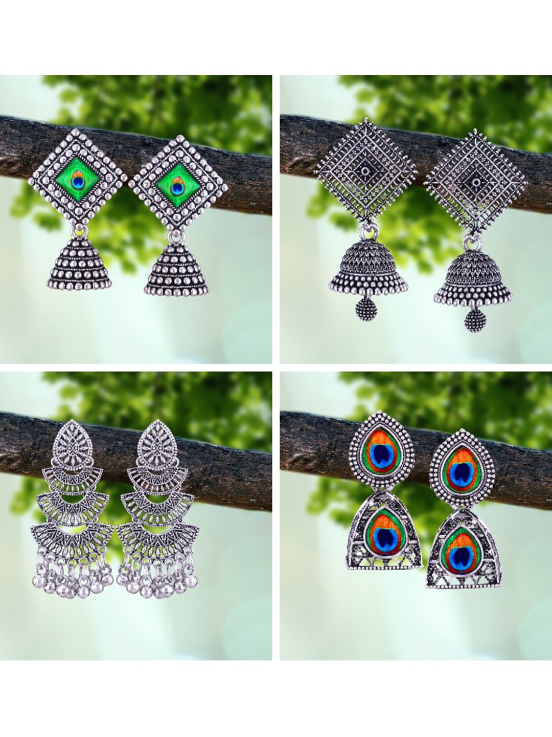 

MEENAZ Pack Of 4 Silver-Plated Oxidised Peacock Shaped Jhumkas