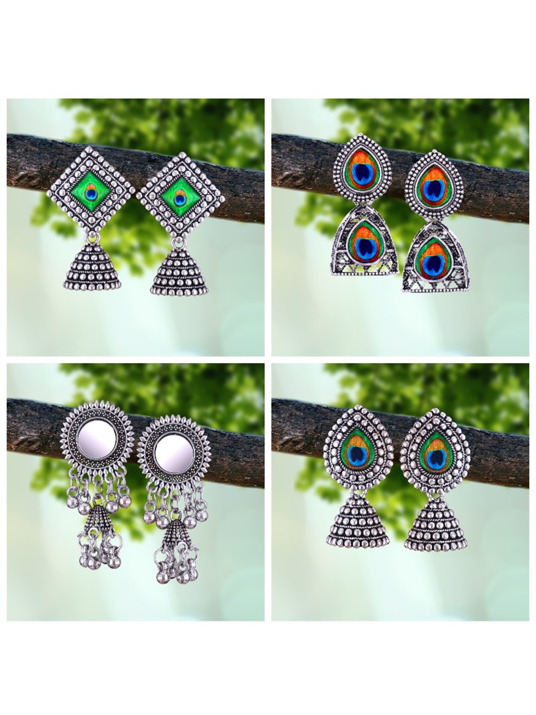 

MEENAZ Set Of 4 Silver-Plated Oxidised Peacock Shaped Jhumkas