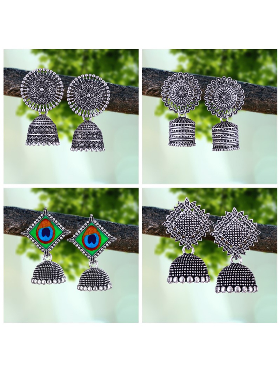 

MEENAZ Pack Of 4 Silver-Plated Oxidised Peacock Shaped Jhumkas