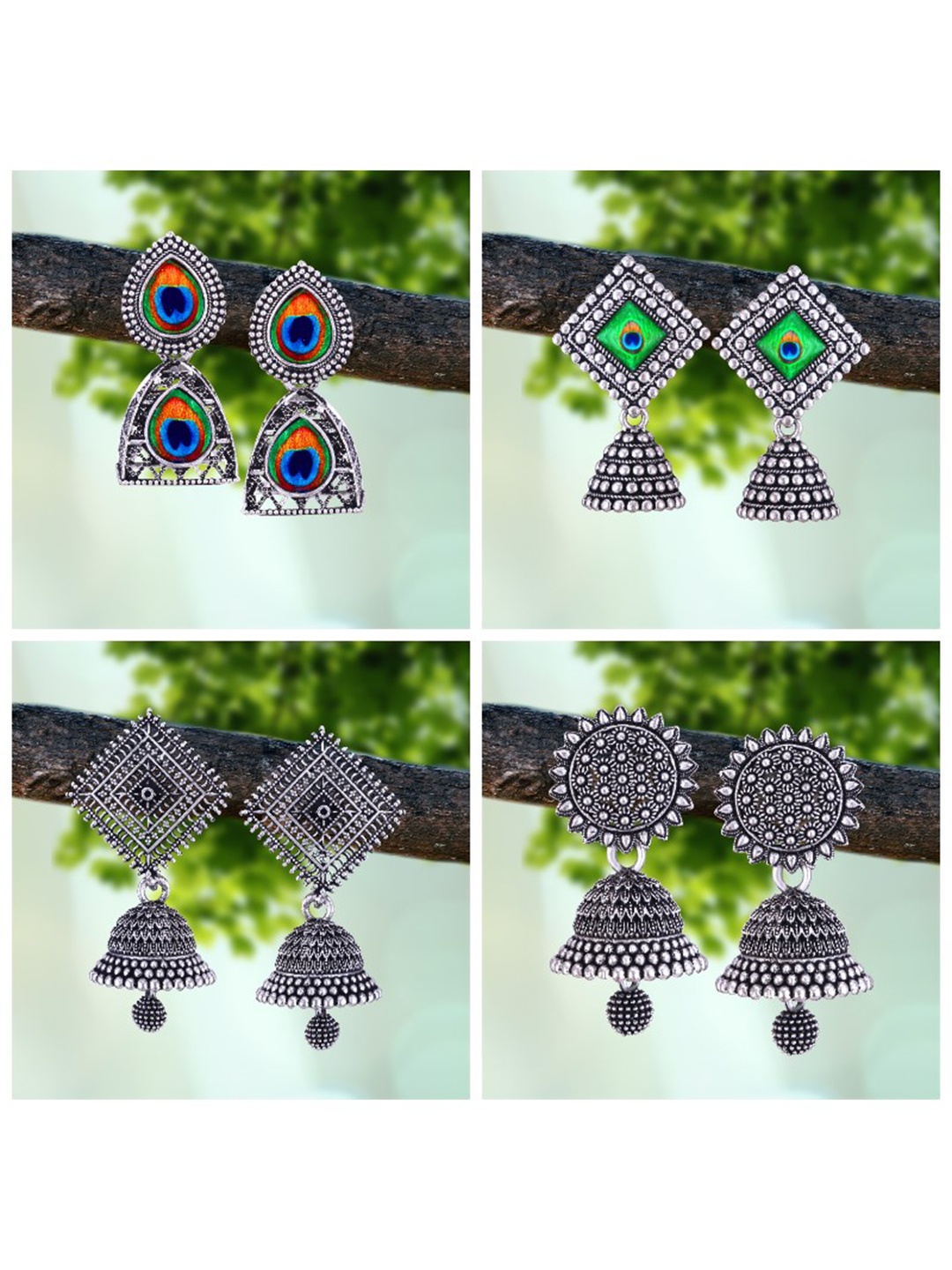 

MEENAZ Set Of 4 Silver-Plated Beaded Classic Oxidised Jhumkas
