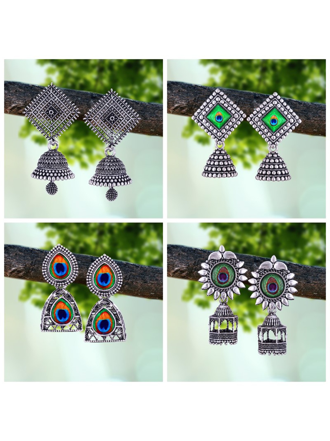 

MEENAZ Pack Of 4 Silver-Plated Oxidised Peacock Shaped Jhumkas