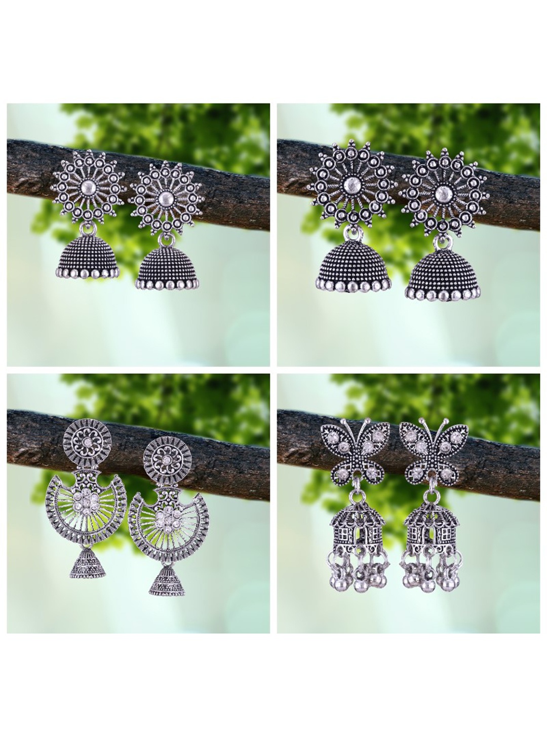 

MEENAZ Set Of 4 Silver-Plated Beaded Classic Oxidised Jhumkas