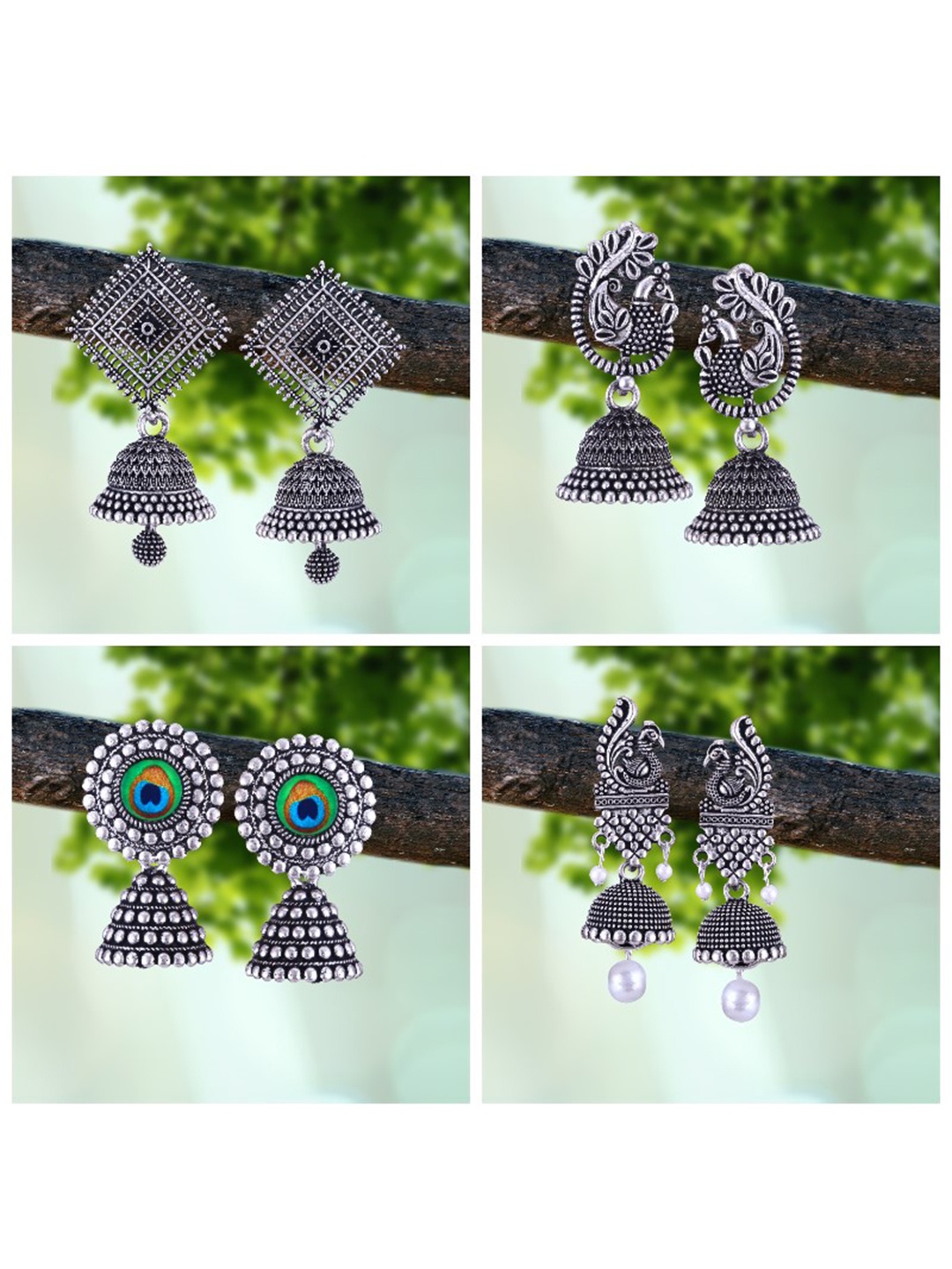 

MEENAZ Set Of 4 Silver-Plated Beaded Classic Oxidised Jhumkas