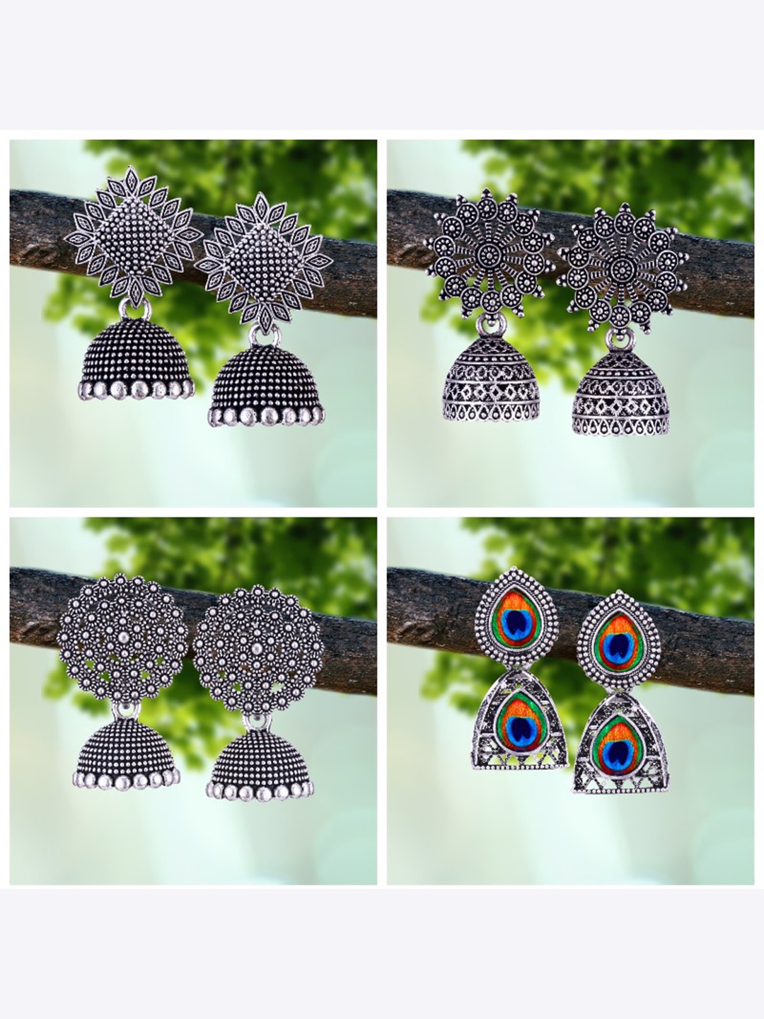 

MEENAZ Set Of 4 Silver-Plated Beaded Classic Oxidised Jhumkas