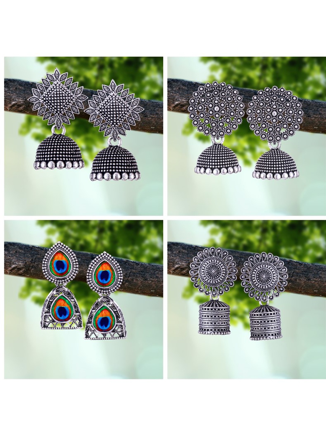 

MEENAZ Set Of 4 Silver-Plated Artificial Beads Beaded Peacock Shaped Drop Earrings