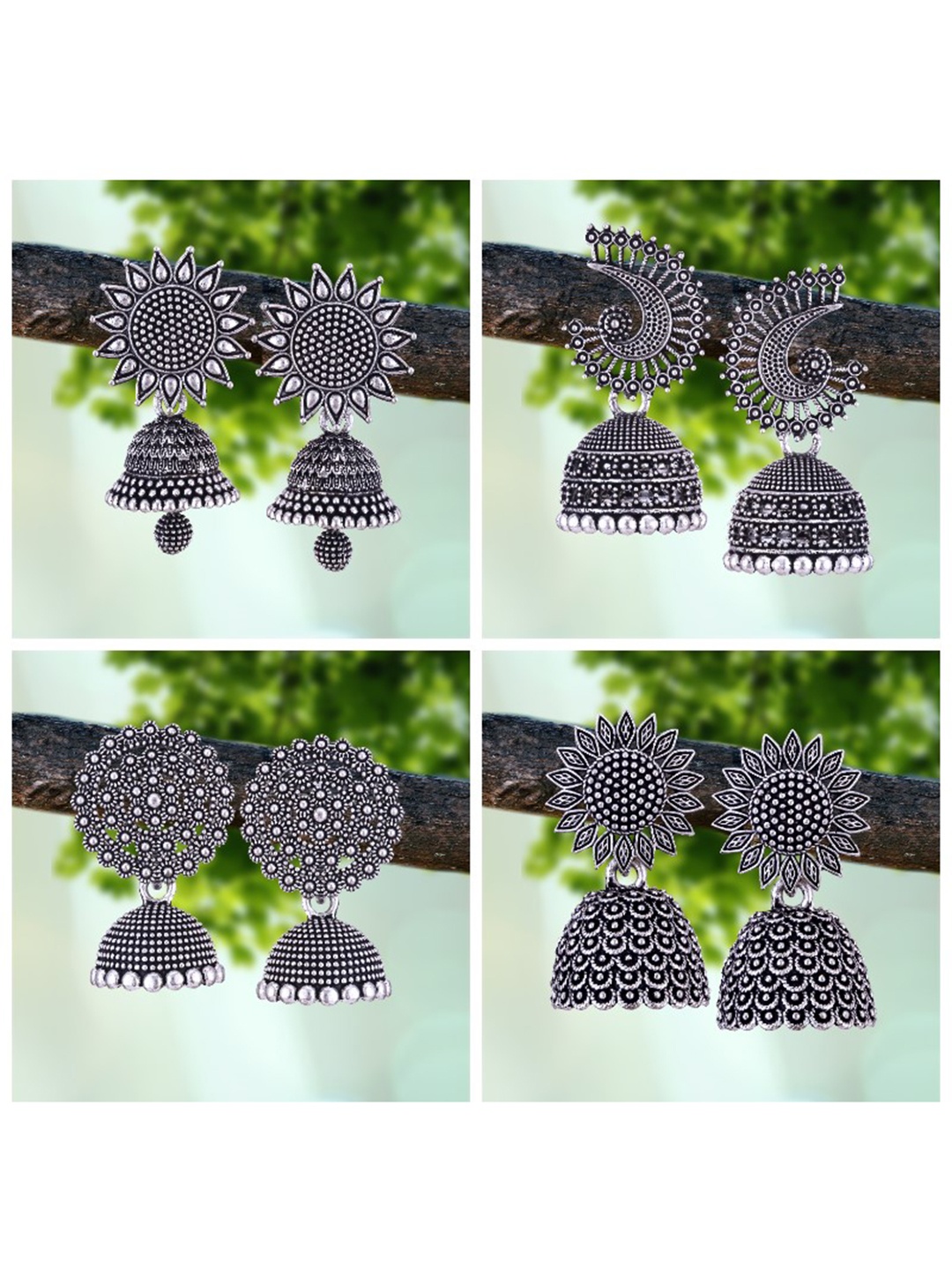 

MEENAZ Pack Of 4 Silver-Plated Oxidised Peacock Shaped Jhumkas