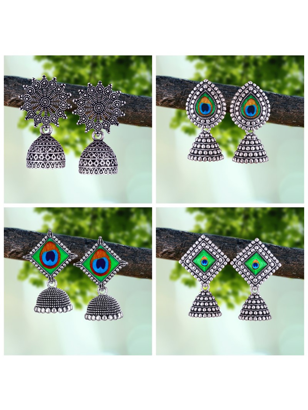 

MEENAZ Pack of 4 Oxidised Silver Plated Silver Jhumkas