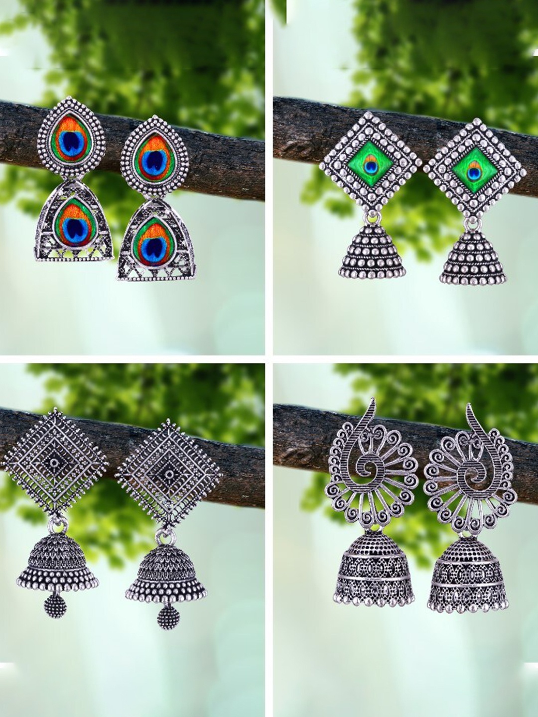 

MEENAZ Set Of 4 Silver-Plated Dome Shaped Enamelled Oxidised Jhumkas