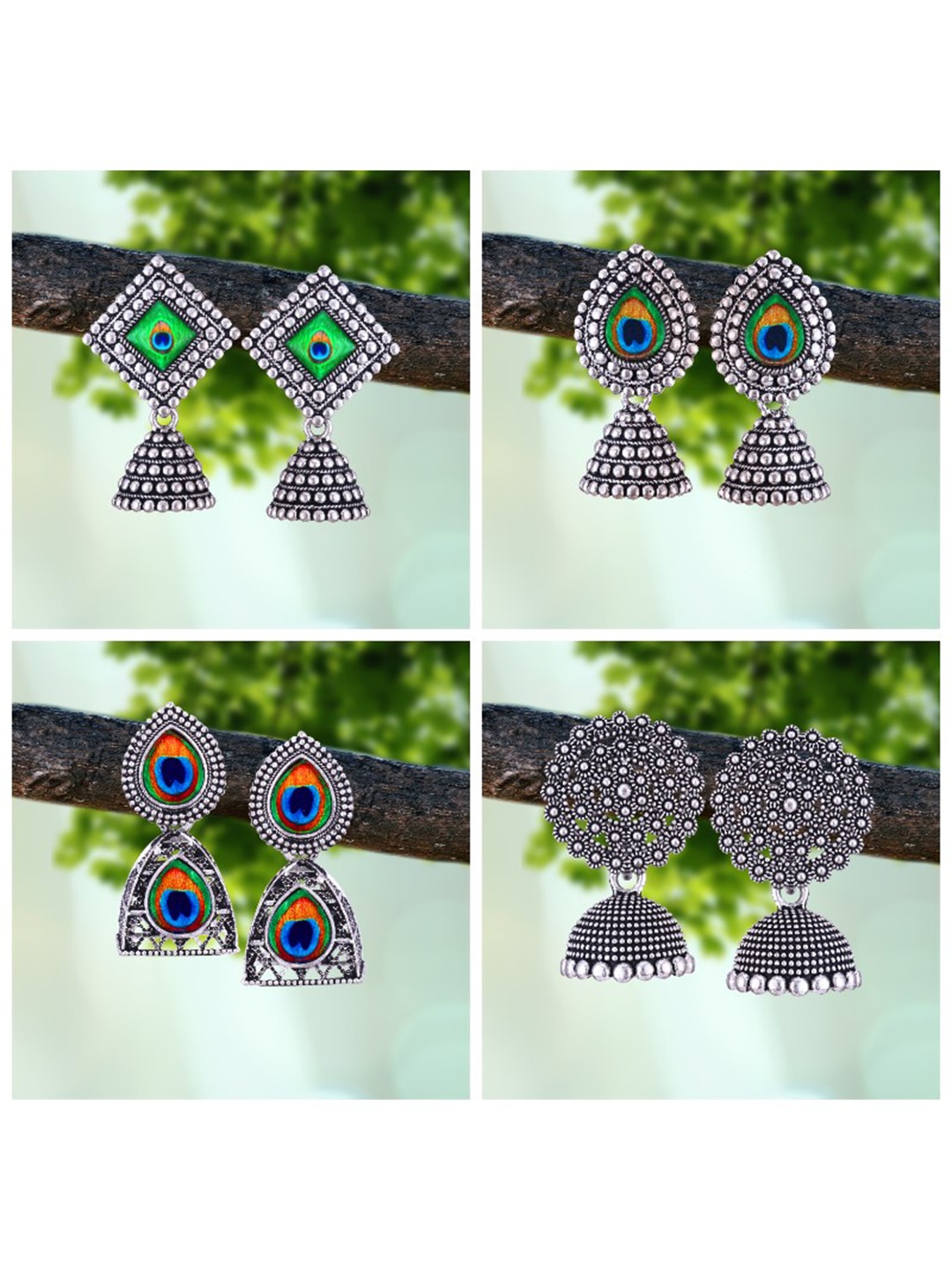 

MEENAZ Set Of 4 Silver-Plated Peacock Shaped Oxidised Jhumkas