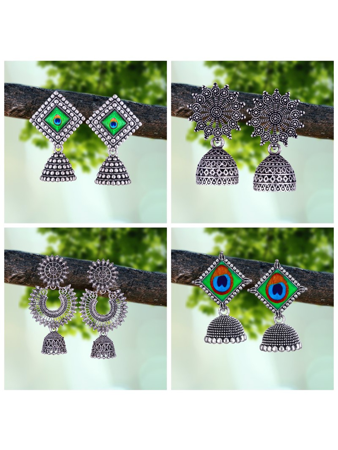 

MEENAZ Set Of 4 Silver-Plated Oxidised Peacock Shaped Jhumkas