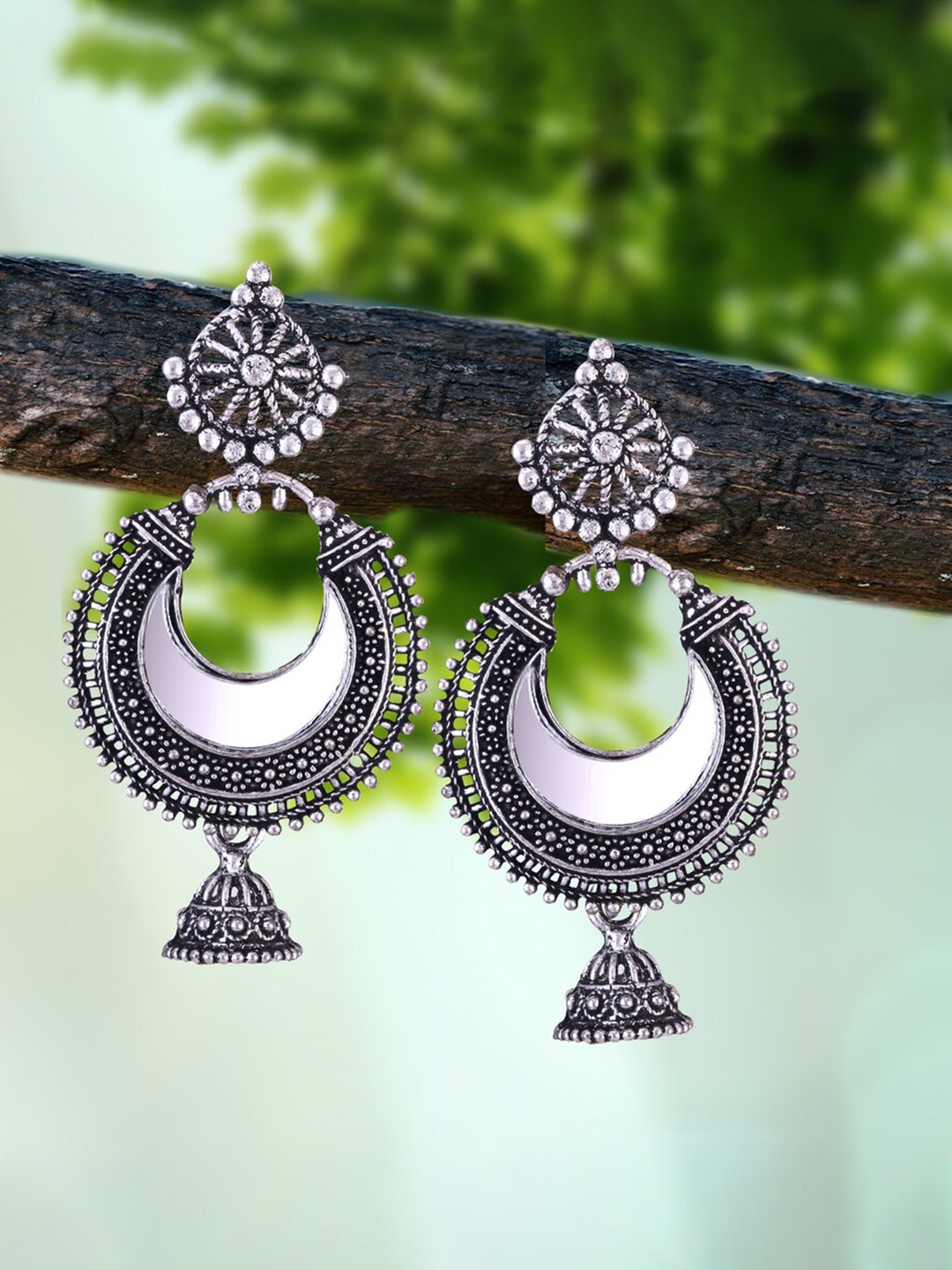 

MEENAZ Set Of 4 Silver-Plated Oxidised Peacock Shaped Jhumkas