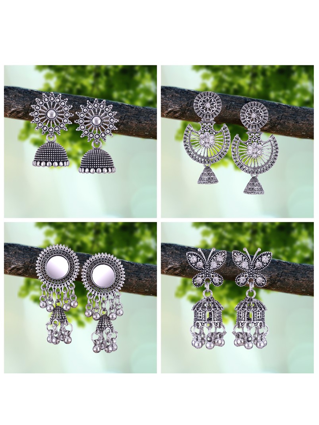 

MEENAZ Set Of 4 Silver-Plated Oxidised Peacock Shaped Jhumkas