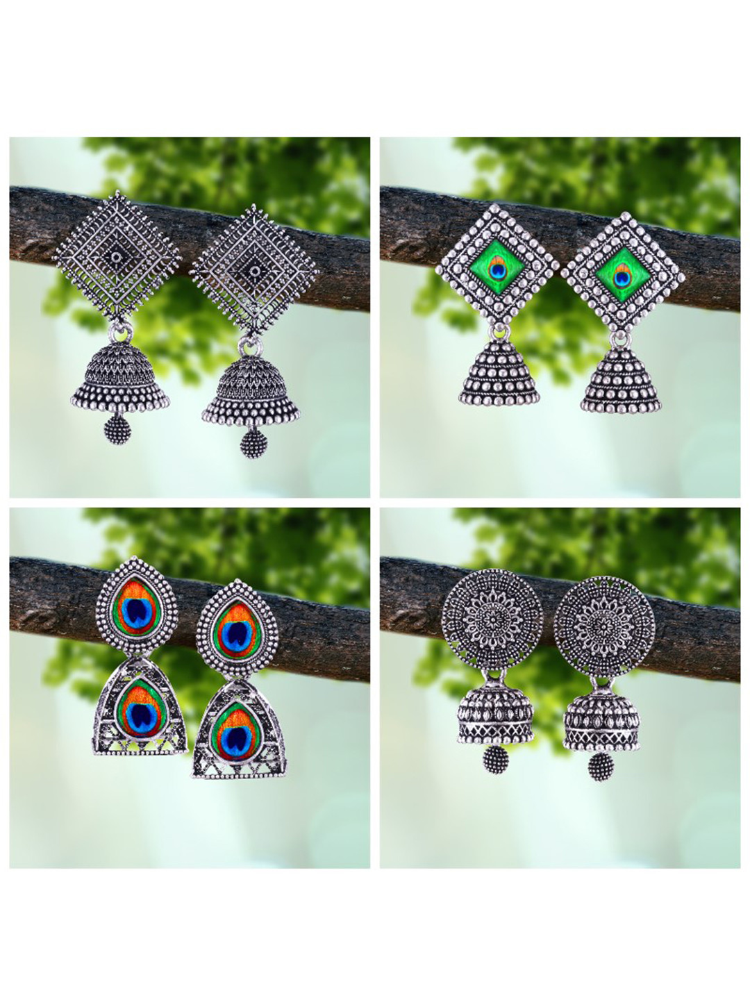 

MEENAZ Pack of 4 Oxidised Silver Plated Silver Jhumkas