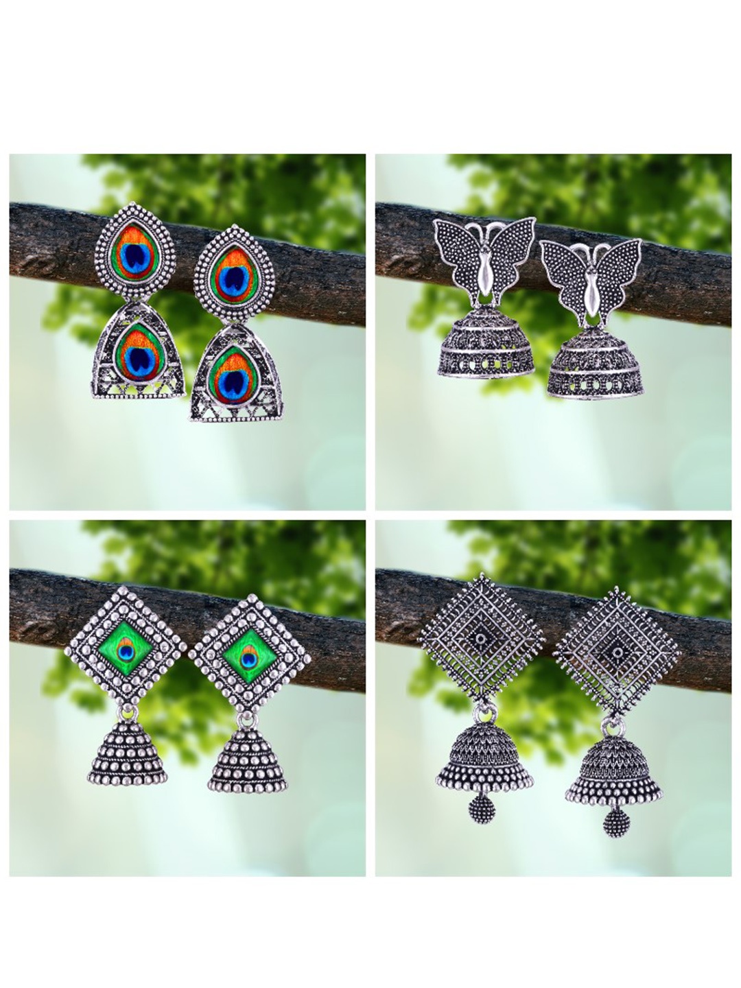 

MEENAZ Set Of 4 Silver-Plated Beaded Classic Oxidised Jhumkas