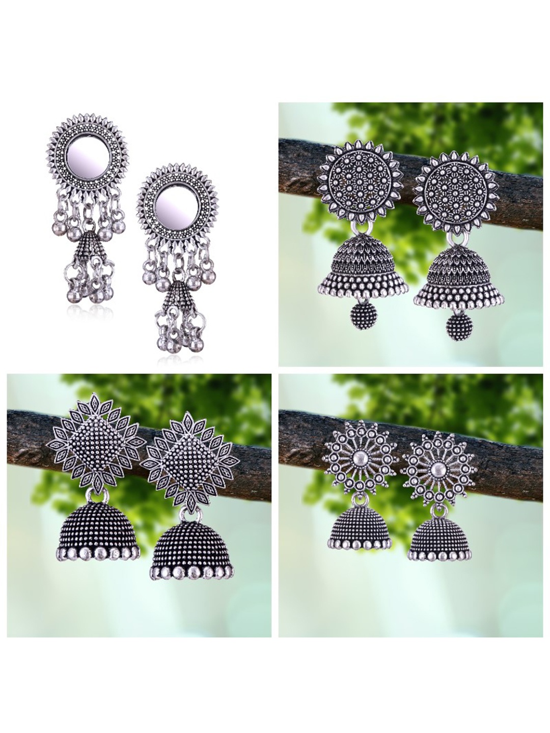 

MEENAZ Pack Of 4 Silver-Plated Oxidised Peacock Shaped Jhumkas