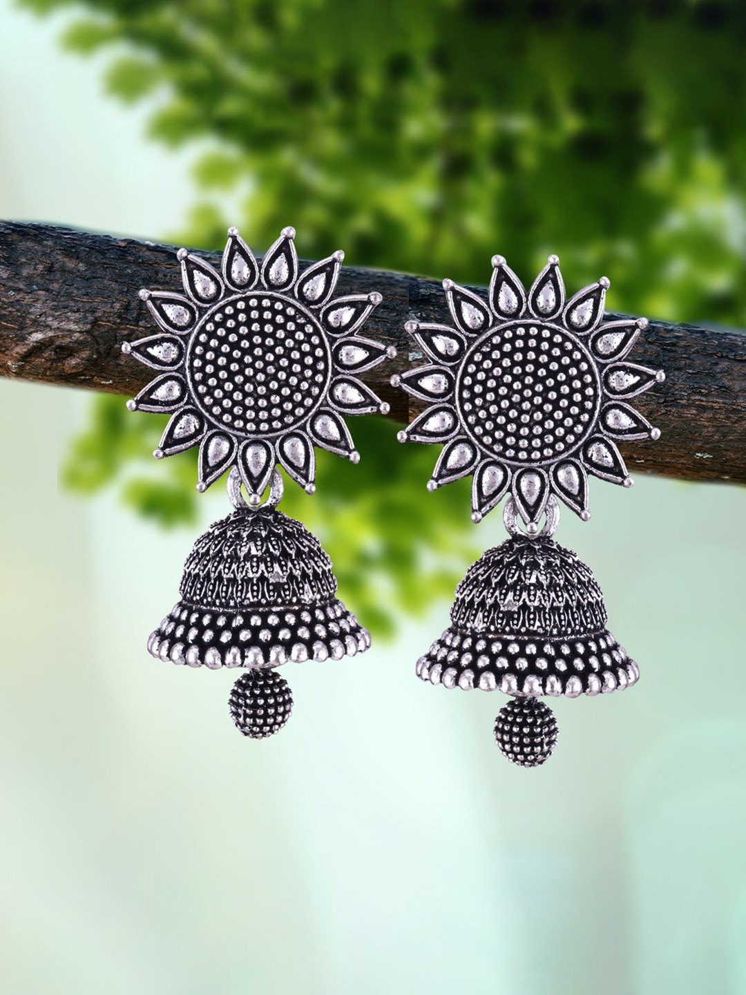 

MEENAZ Pack Of 4 Silver-Plated Oxidised Peacock Shaped Jhumkas