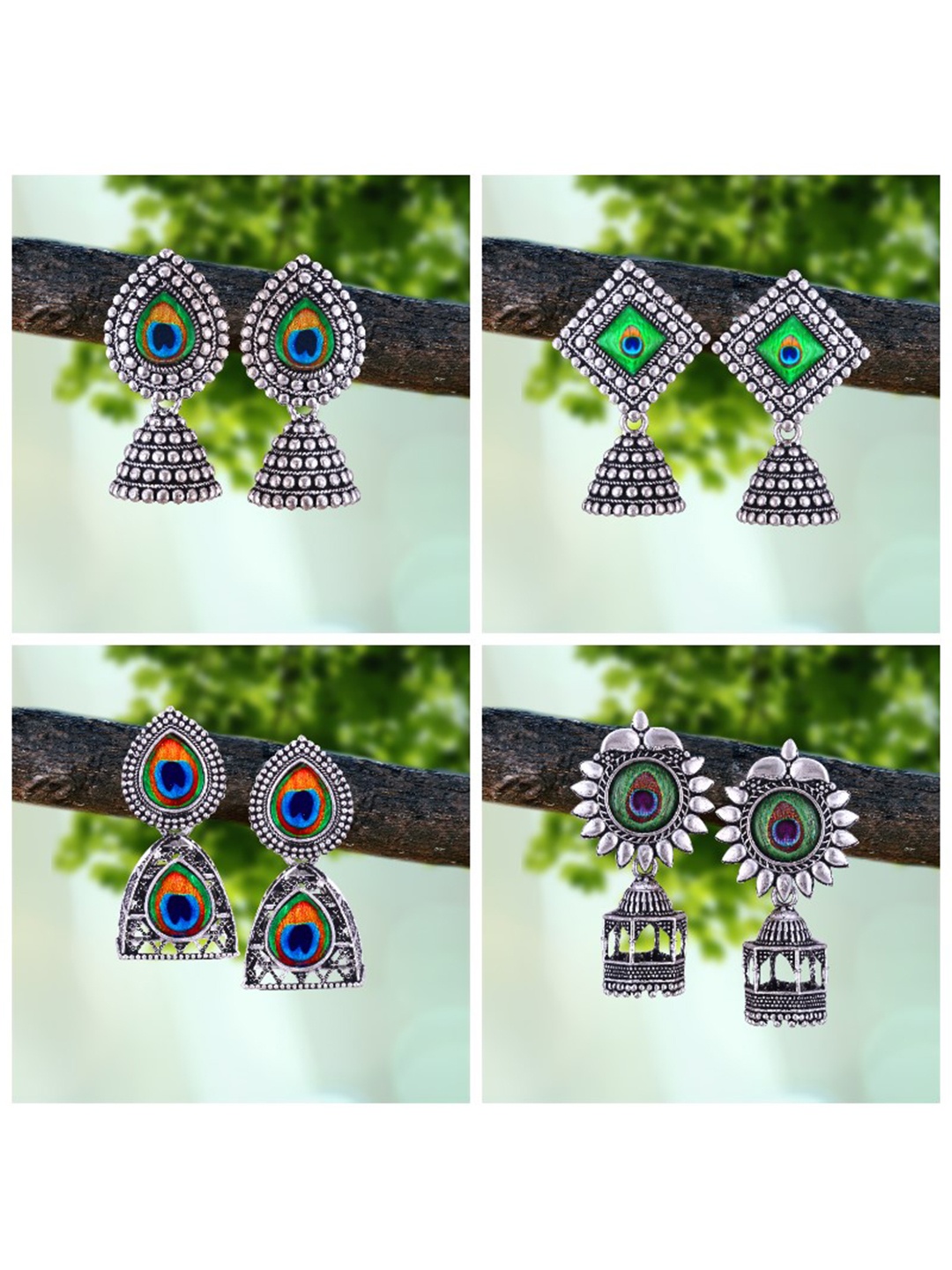 

MEENAZ Set Of 4 Silver-Plated Peacock Shaped Oxidised Jhumkas