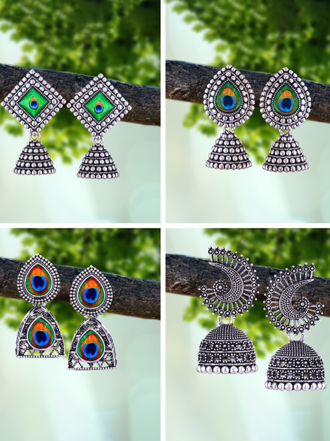 

MEENAZ Set Of 4 Silver-Plated Oxidised Peacock Shaped Jhumkas