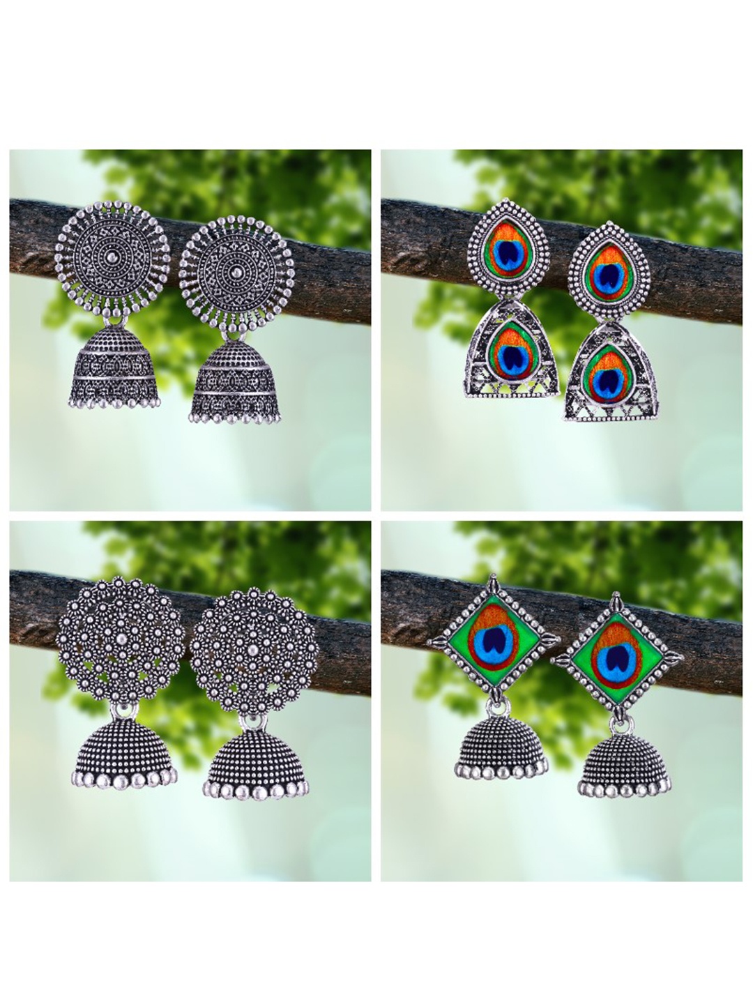 

MEENAZ Set Of 4 Silver-Plated Oxidised Peacock Shaped Jhumkas