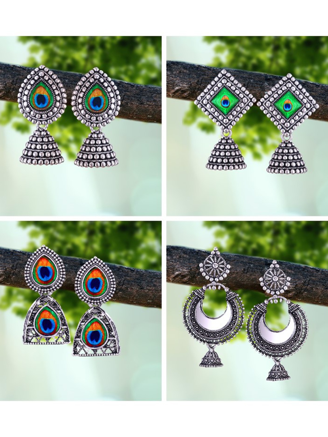

MEENAZ Set Of 4 Silver-Plated Beaded Classic Oxidised Jhumkas
